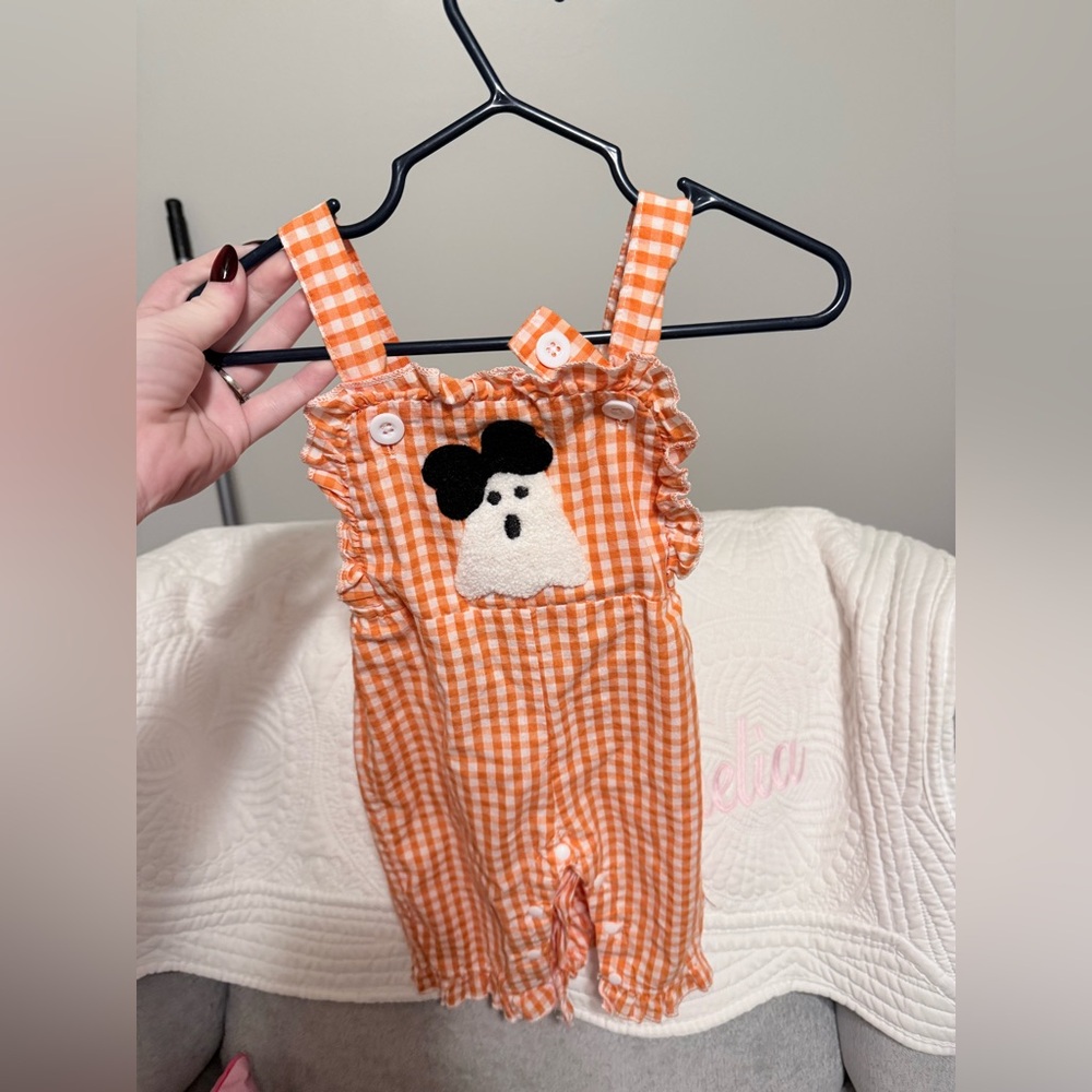 Orange Gingham Baby Overalls with Ghost Patch